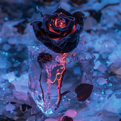 Fire Ice Aesthetic, Sagebrush Aesthetic, Fire And Ice Aesthetic, Rose In Ice, Fire And Ice Roses, Ice Aesthetic, Ice Rose, Ice Flower, Winter Dance