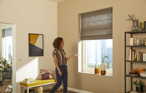 Somfy's WireFree range is perfect for people renting their home and still wanting the simplicity of motorisation. Motorized Roman Blinds, Blinds And Curtains, Sun Blinds, Smart Fridge, Smart Blinds, Cellular Blinds, Zebra Blinds, Motorized Blinds, Electric Blinds