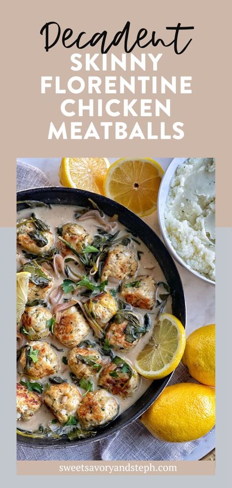 Your favorite chicken dish transformed into meatballs! My Skinny Florentine Chicken Meatballs in Pan Sauce take chicken meatballs to the next level. This pan sauce is decadent yet lightened-up, utilizing ingredients like reduced fat cream cheese, reduced sodium chicken broth, shallots and lemon. Fresh spinach is added to balance it all out and add an extra dose of healthy ingredients. Florentine Chicken, Spinach Meatballs, Healthy Chicken Pot Pie, Fried Chicken Cutlets, Macro Meal Plan, Low Calorie Chicken, Chicken Meatball Recipes, Chicken Florentine, Pan Sauce