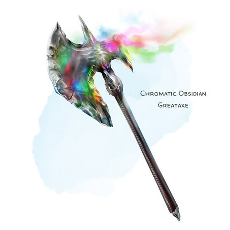 The Griffon's Saddlebag on Instagram: “⚔️ 𝗡𝗲𝘄 𝗶𝘁𝗲𝗺! Chromatic Obsidian Greateaxe Weapon (greataxe), rare (requires attunement) ___  This prismatic greataxe is made using…” Griffons Saddlebag, The Griffon's Saddlebag, Griffon's Saddlebag, D D Items, Dnd Dragons, Dnd 5e Homebrew, Heroic Fantasy, Magic Items, D&d Dungeons And Dragons