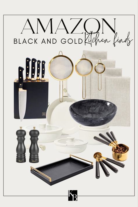 Amazon kitchen favorites, amazon kitchen finds, black and gold kitchen, marble bowl, kitchen decor, gold kitchen finds, kitchen tray, knife set, white pot Kitchen With Black And Gold Accents, Black And Gold Kitchen Accessories, Black And Gold Kitchen Decor, Black White Gold Kitchen, White Pots And Pans, Black White And Gold Kitchen, Marble Kitchen Decor, New Apartment Essentials, Counter Top Decor