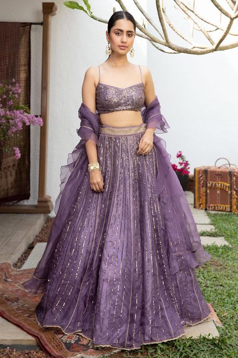 Buy #lavender #lehenga with #sequin embroidery and lace trims. Comes with #strappy #blouse and #dupatta by #JadeByMonicaAndKarishma at #AzaFashions Shop online now at #Azafashions.com Call +12132135273 or email contactus@azafashions.com for enquiries. #wedding #festive #ethnic #tradional #shopping #shoponline #party #reception #bride Lavender Dress Outfit Wedding, Lavender Suits For Women Indian, Pastel Lavender Lehenga, Lavender Colour Lehenga, Purple Reception Dress, Modern Lehangas, Lehnga Style, Lavender Lehenga, Lehenga Ideas