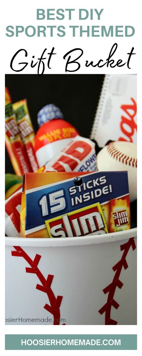 Baseball Bucket Gift Ideas, Baseball Coach Gifts Diy, Baseball Coach Gift Ideas Diy, Baseball Theme Gifts, Baseball Gift Basket, Hommade Gifts, Homemade Easter Baskets, Diy Gifts Cheap, Creative Gift Baskets