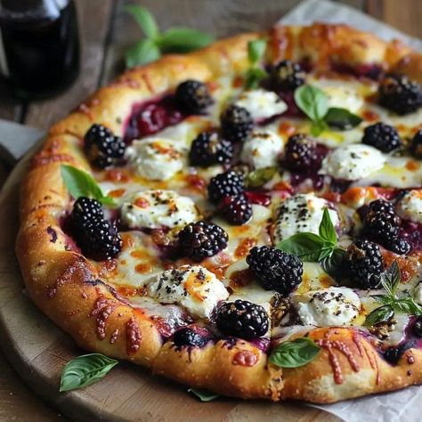 Blackberry, Basil & Ricotta Pizza 1 Blackberry Basil Pizza, Unique Pizza Recipes Ideas, Blackberry Ricotta Basil Pizza, Blackberry Basil Ricotta Pizza, Blackberry Ricotta Pizza, Blackberry Pizza, Ricotta Cheese Pizza, Blackberry Ricotta, Sticky Chicken Recipe