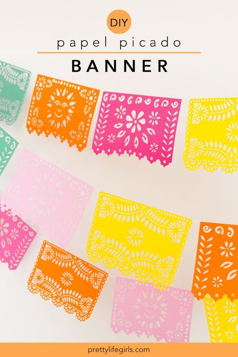 How To Make Papel Picado Diy, Cute Art And Craft, Paper Banner Diy, Aesthetic Paper Crafts, Mexican Paper Banner, Diy Day Of The Dead, Dia De Los Muertos Party Ideas, Picado Banner, Mexican Papel Picado