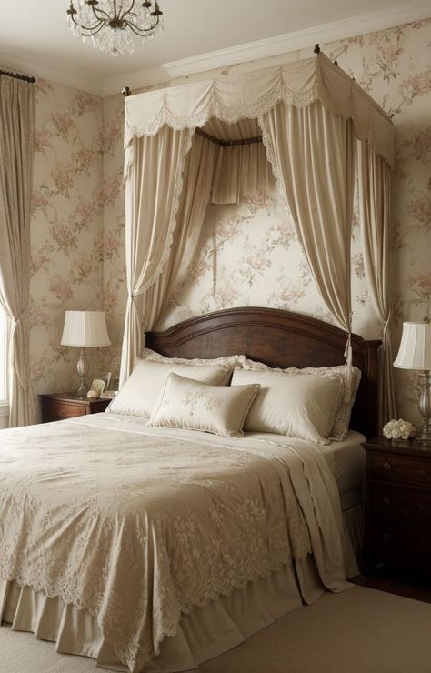 Ethereal Bedroom Aesthetic, Ethereal Bedroom, Cottagecore Bedroom Ideas, Bed Antique, Cottagecore Bedroom, Lace Wallpaper, French Bedroom, Vintage Elements, Home Management