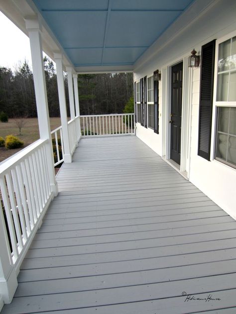 You've seen our new roof, the Haint Blue Ceiling of the porch and today I'd like to show you the new porch/decking.  I finally picked out a color of stain with much thought.   It has been a few years since we stained the porch and it needed it badly.   This is how the flooring looked from a few years of use without cleaning or staining.   Here we have our wonderful painters Wendell on the left and Earl on the right cleaning and preparing the porch for the stain.   Wow it was such a pre… Gray Porch Floor Paint, Porch Ceiling Colors, Front Porch Southern, Porch Decking, Deck Paint Colors, Ceiling Colors, Porch Floors, Deck Stains, Painted Porch Floors