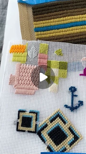 Jeni Sandberg on Instagram: "I always have a doodle canvas where I can test out colors, stitches, and designs.  I find I really need to see an idea stitched to decide if I like it.  In organizing my needlepoint stuff ahead of my move, I found some of these old ones.  I spy the seeds of some of my first projects, and my first Letter patterns! 
#needlepoint #needlepointcanvas #doodlecanvas" Stitches For Lettering, Doodle Canvas, Needlepoint Stitches, I Spy, Needlepoint Canvases, Old Ones, Letter Patterns, Color Inspiration, Needlepoint