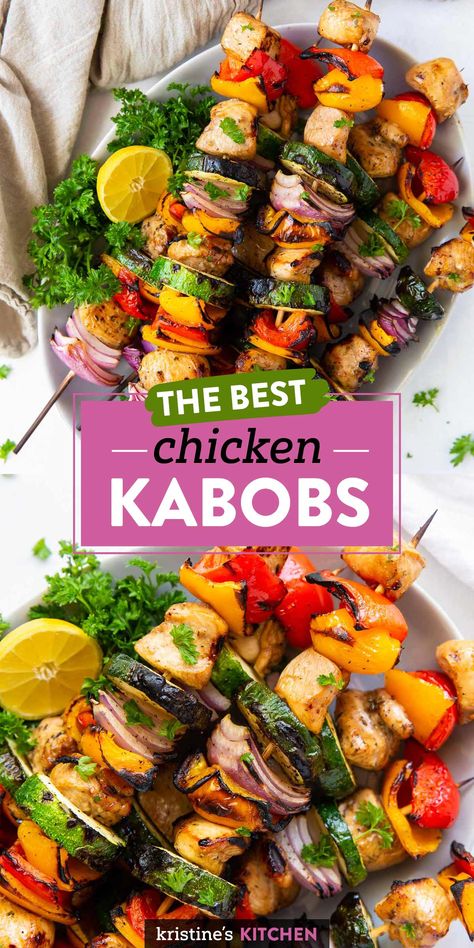 These Chicken Kabobs are made with chicken breasts, a flavorful chicken kabob marinade and vegetables. This colorful meal is easy to make on the grill or in the oven. Chicken Shish Kabobs Marinade, Chicken Kabob Marinade, Kabob Marinade, Grilled Kabob Recipes, Chicken Kabob Recipes, Veggie Kabobs, Grilled Chicken Kabobs, Vegetable Kabobs, Kebabs On The Grill