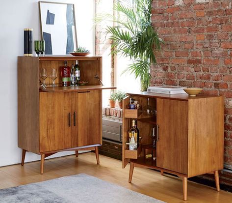 Mid-Century Bar Cabinets at West Elm Retro Cabinets, Mid Century Bar Cabinet, Mid Century Modern Bar, Bar Mini, Modern Home Bar, Mid Century Bar, Mini Bars, Bar Essentials, Home Bar Furniture