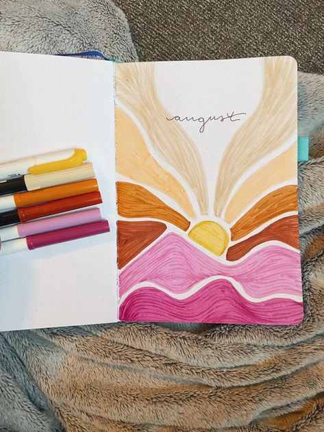 Cute Things To Draw Watercolor, Bujo Illustration Ideas, Notebook Cover Art Ideas, Bulett Journal Page Ideas August, Artsy Journal Pages, Journal Cover Doodles, Painting A Journal Cover, Sunrise Aesthetic Drawing, August Bujo Theme Ideas