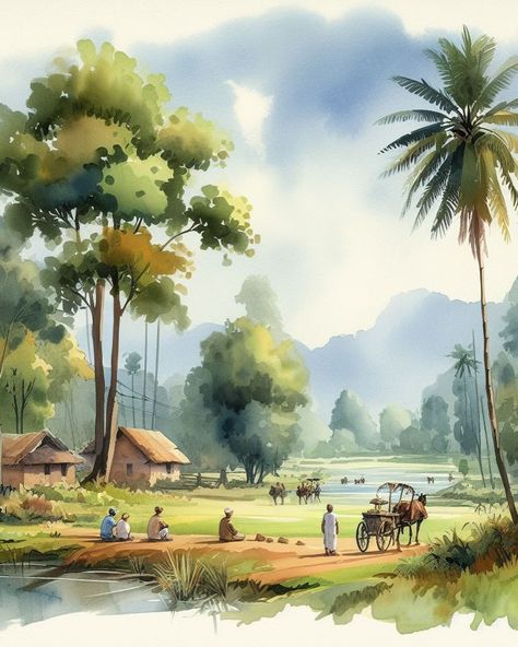 Reference picture for watercolour painting #reference #painting #art #artist #artgallery #artwork Good Morning Paintings Art, Nature, Village Watercolour Painting, Indian Landscape Art, Water Colouring Painting, Watercolor Landscape Paintings Village, Landscape Paintings Poster Colour, Indian Landscape Paintings, Indian Village Painting