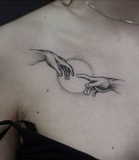 Minimal Chest Tattoo Men, Two Hands Reaching For Each Other Tattoo, God Hands Tattoo, Two Hands Tattoo, God Tattoo, Bird Tattoo Wrist, Simple Tattoos For Guys, Tattoo Wrist, God Tattoos