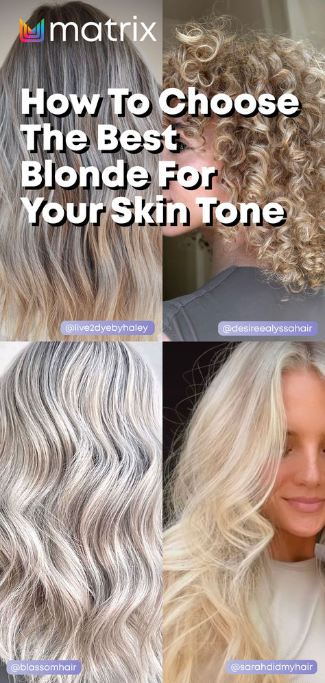 Discover what blonde shade looks best on you! To golden, icy, strawberry, or platinum blonde, here’s our blonde hair guide ✨💜 #matrix #hairblog #hair #blog #sosilver #blonde #silverhair #haircare #haircolor Ashy Blonde Vs Icy Blonde, Shades Of Blonde Chart, Blond Hair Colour Ideas, Ash Blonde Vs Platinum, White Gray Blonde Hair, Blonde Colour Palette, Toned Hair Before And After Blondes, Hair Color Blonde Ash, Hair Melt Blonde