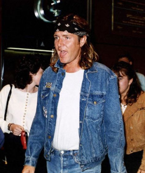 Denim jacket, bandana, long hair & jeans, Big Thing era, late 1980s Bandana Long Hair, Denim Bandana, Bandana Fashion, 1980s Men, Spandau Ballet, Nick Rhodes, Simon Le Bon, 80s Denim, John Charles