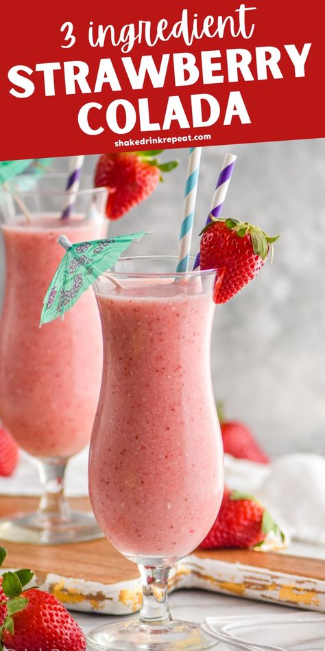 The Strawberry Colada is an easy to make frozen cocktail that tastes just like one you'd get on vacation. Strawberries, cream of coconut, rum and strawberry lemonade combine in this delightful drink that will keep your blender busy all summer long! Strawberry Rum Drinks, Frozen Alcoholic Drinks Recipes, Frozen Mixed Drinks, Coconut Rum Drinks, Strawberry Colada, Frozen Drinks Alcohol, Rum Drinks Recipes, Blender Drinks, Cream Of Coconut