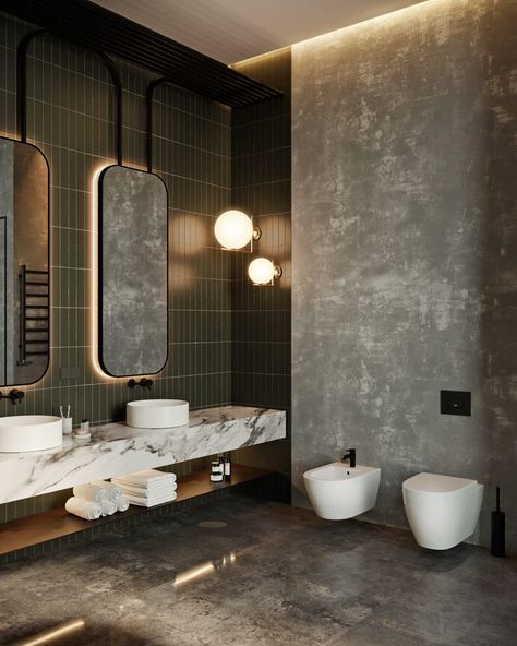 OKO Apartment by Tolko Interiors Manchester Tan, Industrial Bathroom Design, Marble Bathroom Designs, Dekorere Bad, Public Bathrooms, Industrial Bathroom, Bad Inspiration, Dekorasi Kamar Tidur, Bathroom Design Inspiration