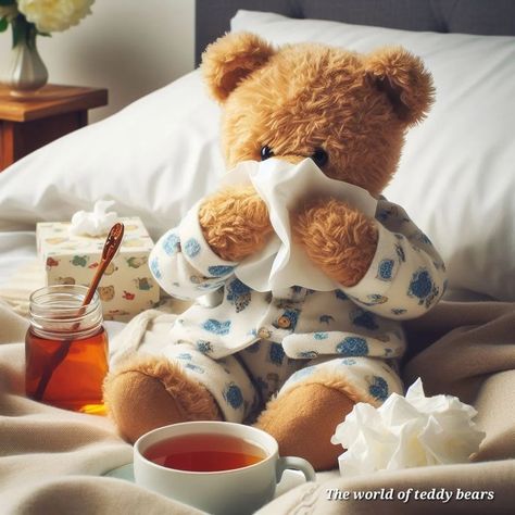 Sylvie Callisto (@the_world_of_teddybears) • Instagram-Fotos und -Videos Cold Sick, Tea With Honey, Cute Teddy Bear Pics, Cold Feeling, Hope Youre Feeling Better, Beste Gif, Beautiful Christmas Scenes, Bear Images, Get Well Wishes