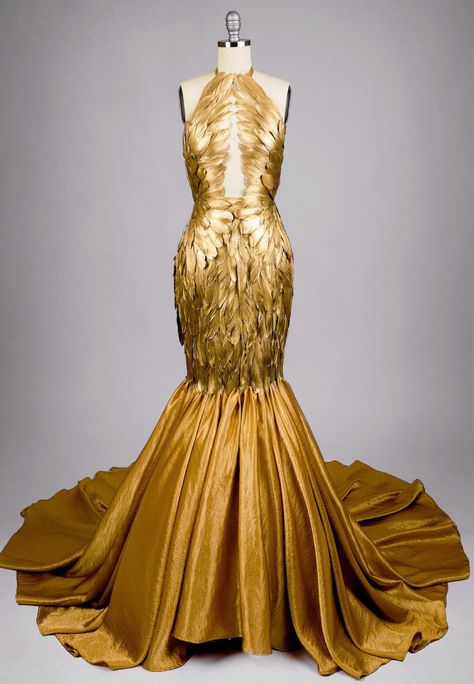 watercolor Dragon Scale Dress, Scale Dress, Feather Gown, Haute Couture Gowns, Couture Gown, Gold Dragon, Dragon Scale, Dresses 2020, Feather Dress