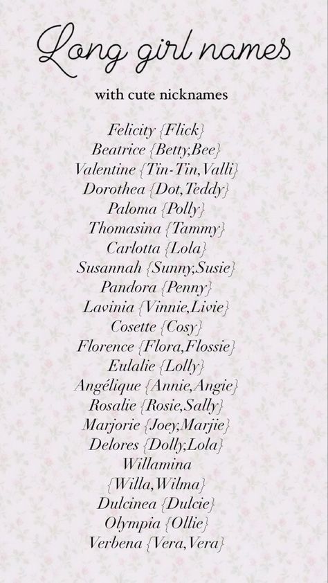 Baby name list Writers Username Ideas, Cute Names With Nicknames, Unique Women Names, Girl Names With Nicknames List, Unique Pretty Names, Cute Girly Name, Name Ideas With Nicknames, Vintage Girl Names Aesthetic, Girly Nickname