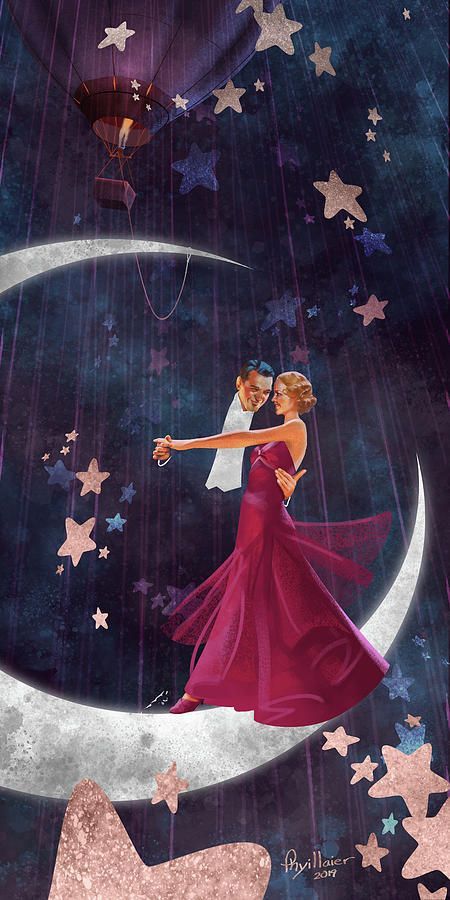 Dancing On The Moon, Kare Kare, Romantic Paintings, Fly Me To The Moon, Elegant Couple, Couple Painting, Ginger Rogers, Paper Moon, Moon Poster