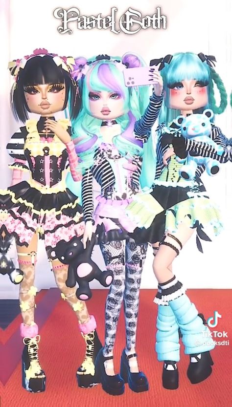 Got Corset Combos, Pastel Goth Dti Ideas, Girly Alt Outfits, Dti Outfits Pastel Goth, Dti Theme Pastel Goth, Pastel Goth Fashion Outfits, Cybergoth Dress To Impress, Dress To Impress Pastel Goth, Goth Characters