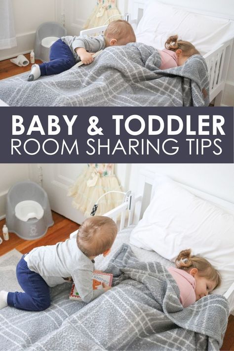 Transitioning siblings into a shared bedroom is always a challenge, especially when it's a baby moving in to a toddler bedroom. We're sharing 8 lessons we learned as we moved our baby and toddler (now toddler and preschooler) into the same bedroom to help you succeed. It IS possible for both kids to fall asleep and stay asleep in the same room all night long. Here's a simple list of do's and don'ts to get you started. Brother Sister Nursery, Shared Room With Crib, 2 Under 2 Room Sharing, 2 Boy Bedroom Ideas, Small Bedroom Two Children, Toddler And Kid Shared Room, Toddler Boy Girl Shared Room, Shared Girls Room Toddler And Baby, Toddlers Sharing Room