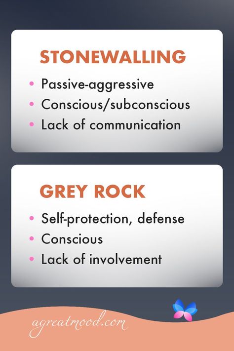 The grey rock method is a defensive tactic; stonewalling is usually passive aggressive. Stonewalling may be subconscious; the grey rock method is always deliberate. The grey rock removes emotional connection; stonewalling usually removes connection in general. Being Stonewalled, Grey Rock Quotes, Gray Rock Method, Grey Rock Method, Grey Rock, Counseling Tools, Rock Quotes, Narcissism Quotes, Narcissism Relationships