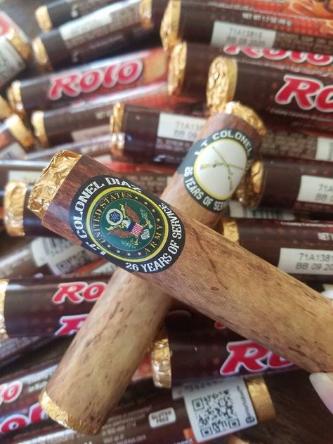 Marine retirement chocolate cigars.

https://theshindyco.etsy.com/listing/588911014 Marine Retirement, Rolo Chocolate, Military Retirement Parties, Chocolate Cigars, Army Retirement, Police Man, Promotion Party, Something To Talk About, Military Retirement