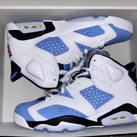 Jordan Unc Blue 6s Never Worn Tried On But Never Worn Out Ever We Can Negotiate On The Price. Light Blue Jordans, Jordan 6 Shoes, Jordans 6, Blue And White Shoes, Jordan Shoes Men, Blue And White Jordans, Shoes Air Jordans, Jordan Unc, Blue Nike Shoes