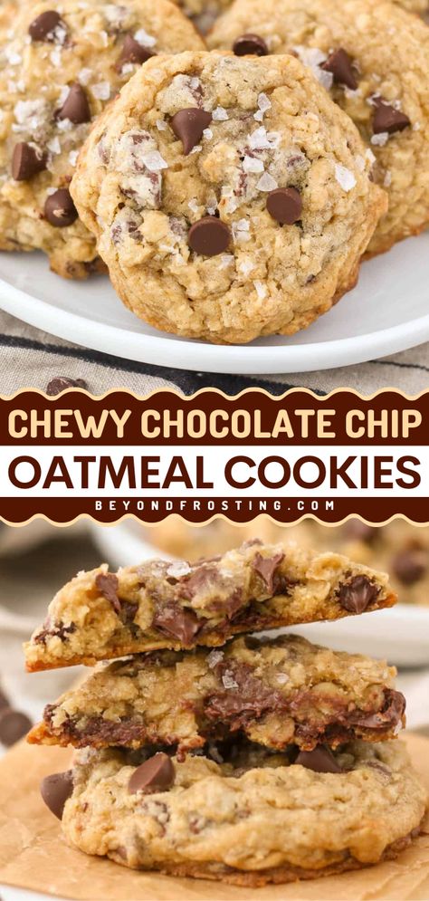 These soft and chewy chocolate chip oatmeal cookies are the BEST! Loaded with old-fashioned oats, these chocolate chip cookies are a perfect afternoon snack idea. Put this homemade oatmeal cookie recipe on your back-to-school food! Chewy Chocolate Chip Cookies Oatmeal, Cookie Recipes With Oatmeal, Oatmeal Chocolate Chip Cookie Recipe No Chill, Best Chocolate Chip Oatmeal Cookie Recipe, Old Fashioned Oatmeal Chocolate Chip Cookies, Southern Living Oatmeal Chocolate Chip Cookies, Soft Chewy Oatmeal Chocolate Chip Cookie, Oatmeal Peanut Butter Chip Cookies, Mini Oatmeal Chocolate Chip Cookies