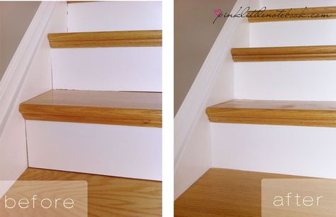 How to fill in gaps for stair risers Paint Stair Risers White, Oak Stair Treads White Risers, Stair Upgrade, Stain Banister, Stairs Upgrade, White Stair Risers, Painted Stair Risers, White Stairs, Painting House