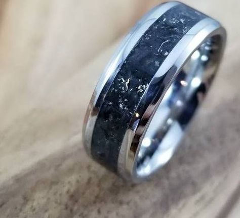 Meteorite Obsidian ring. It even glows! Obsidian Ring Engagement, Obsidian Engagement Ring Men, Black Obsidian Wedding Ring, Mens Obsidian Wedding Ring, Obsidian Wedding Band, Obsidian Rings, Meteorite Mens Wedding Ring, Wedding Ban, Men’s Meteorite Ring