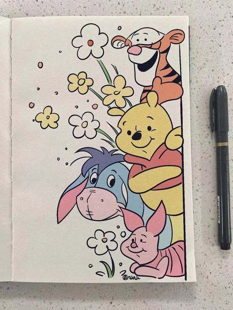 Cozy Logo, Pooh Drawing, Toys Drawing, Cartoon Logic, Winnie The Pooh Drawing, رسم كاريكاتير, Whimsical Art Journal, Armband Tattoos, Cute Easy Doodles