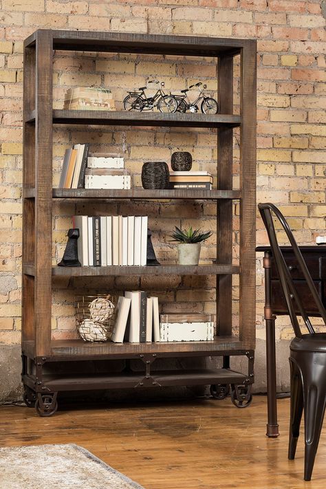 Industrial bookshelf. Urban Industrial Decor, Rustic Industrial Decor, Vintage Industrial Decor, Industrial Design Furniture, Industrial Livingroom, Industrial Living, Vintage Industrial Furniture, Industrial Interior Design, Bookshelves Diy