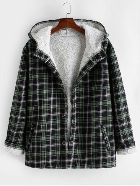 Plaid Faux Fur Fluffy Hooded Jacket - Medium Forest Green 2xl #mensfashion #mensclothing #clothes #outwear #jacket #coat Flannel Hoodie, Fuzzy Coat, Fluffy Jacket, Line Jackets, Jacket Buttons, Womens Plaid, Casual Jacket, Plaid Pattern, Hoodie Jacket