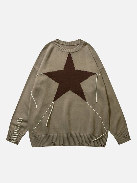 TALISHKO™ - Star Jacquard Breakage Sweater talishko.com Black Cocoa, 90s Fashion Outfits, Grunge Goth, Star Sweater, Autumn Casual, Casual Sweater, Loose Knit, Loose Sweater, Casual Sweaters