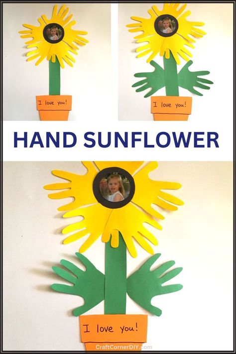 Hand sunflower craft. Grandparents Day Preschool, Kids Craft Corner, Sunflower Art Project, Sunflower Craft, Craft Summer, Preschool Crafts Fall, Sunflower Crafts, Hand Flower, Calendar Craft