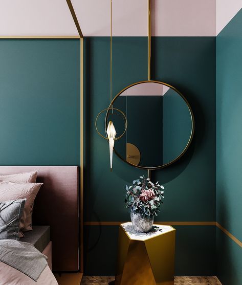 Bedroom in townhouse Green Accent Walls, Interior Boho, Teal Bedroom, Feminine Bedroom, 카페 인테리어 디자인, Gold Bedroom, Dekorasi Kamar Tidur, Green Walls, Shabby Chic Bedroom