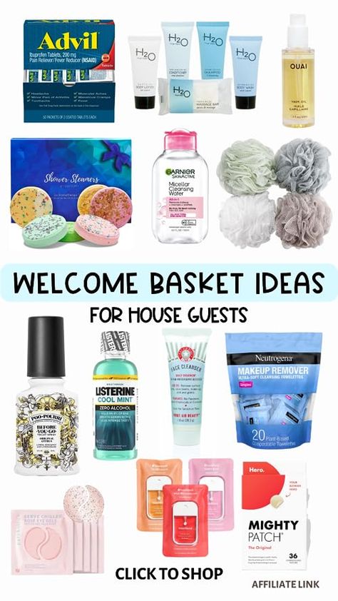 Abby Peek's Amazon Page Guest Bath Basket, Christmas Guest Basket, Welcome Basket Ideas For Guests, Welcome Gift Basket House Guests, Guestroom Basket Ideas, Guest Baskets Welcome Bedrooms, Houseguest Welcome Basket Goodies, Welcome Gifts For Guests Home, Guest Toiletries Basket