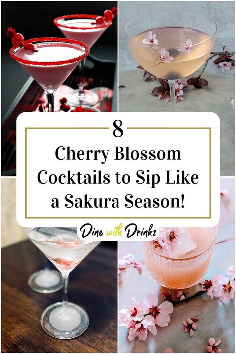 Collage of 4 cherry blossom cocktails. Cherry Blossom Drink Cocktails, Cherry Blossom Cocktail Recipe, Sakura Cocktail, Cherry Blossom Drink, Cherry Blossom Cocktail, Hibachi Party, Taste Of Cherry, Asian Food Appetizers, Happy Hour At Home