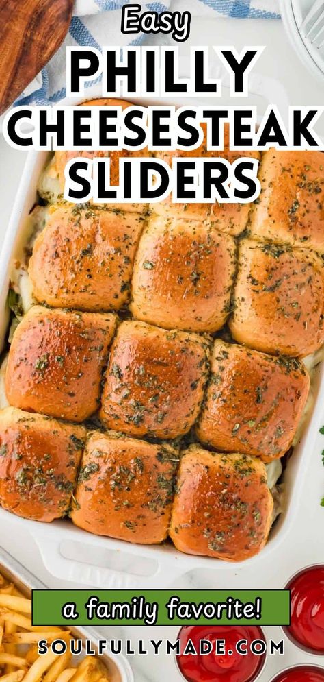 Got a hungry crowd or family to feed? These Philly Cheesesteak Sliders are the perfect solution. In just 15 minutes of prep, you can turn a few simple ingredients into sliders bursting with tender beef, melty cheese, and savory sautéed peppers & onions. Mini Cheesesteak Sliders, Philly Cheese Steak With Hamburger, Philly Cheesesteak Bites, Cheesesteaks For A Crowd, Philly Cheesesteak Pinwheels, Philly Beef Sliders, Potluck Sliders Kings Hawaiian, Philly Cheese Steak Sliders Recipe, Cheesteak Sliders Philly