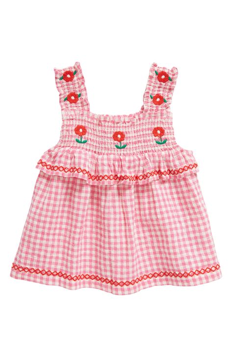 Mini Boden Kids' Embroidered Smocked Top available at #Nordstrom Boden Kids, Smocked Top, Mini Boden, Pink Gingham, Summer Tops, Cute Shirts, Cotton Weaving, Gingham, Baby Kids