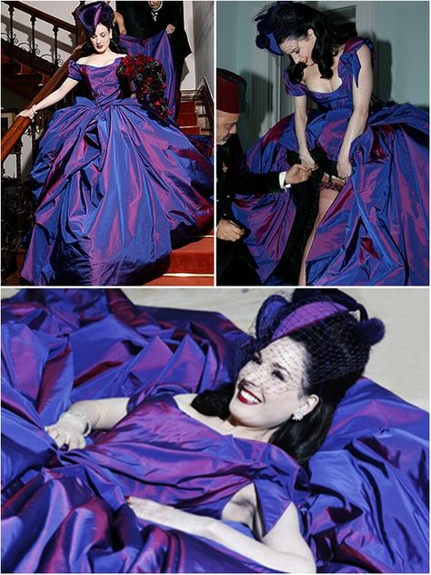 Celebrity Weddings: Dita Von Teese Wedding Dress by Vivienne Westwood Vivienne Westwood Purple Dress, Dita Von Teese Wedding, Dita Von Teese Style, Dita Von Tease, Mode Costume, Celebrity Jewelry, Violet Dresses, Hollywood Celebrity, Dita Von