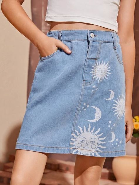 Girls Sun & Moon Print Denim Skirt | SHEIN UK Girls Denim Skirts, Creative Clothing, Print Denim, Black Denim Skirt, Denim Skirts, Moon Print, Girls Denim, Printed Denim, Light Wash Denim