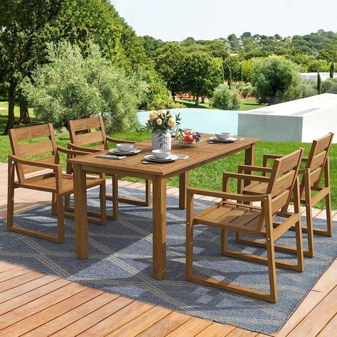 The patio table and chairs are built to last with its high-quality poly lumber material and stainless steel hardware that resists fading, cracking, rotting, denting, and peeling, which is very durable and can withstand the test of outdoor environments, and the color of Teak Color-Oil Printed has the appearance of real wood. Outdoor Plastic Chairs, Outdoor Table And Chairs, Patio Furniture Dining Set, Outdoor Patio Dining, Outdoor Tables And Chairs, Dining Sets Modern, Patio Dining Chairs, Dining Sets, Patio Dining Set