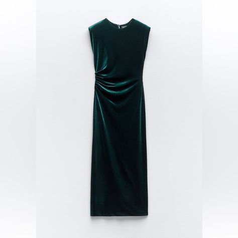 Nwt Zara Woman Velvet Shoulder Pad Midi Dress Green Size L Large Rustic Dresses, Midi Dress Green, Tiered Midi Dress, Black White Dress, Cotton Midi Dress, Satin Midi Dress, Green Midi Dress, Midi Shirt Dress, Zara Woman