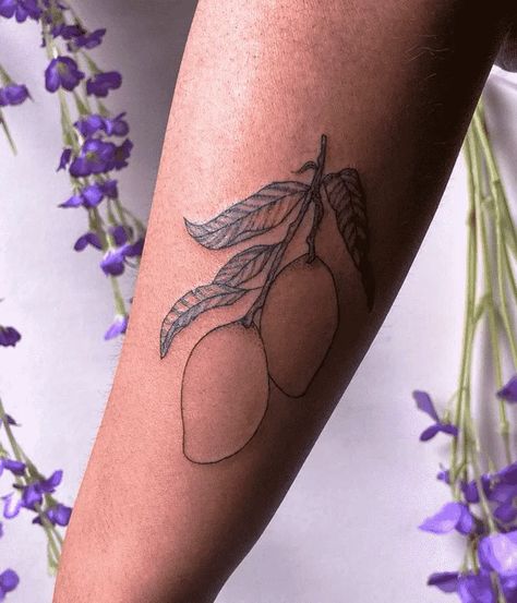 Mango Branch Tattoo, Mango Tattoo Minimalist, Mango Tree Tattoo, Papaya Tattoo, Mango Tattoo, Cupcake Tattoo Designs, Botanical Illustration Tattoo, Tree Tattoo Black, Triangle Tattoo Design