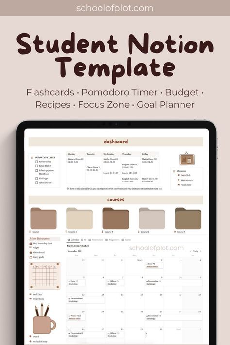 best notion template College Notion, School Notion, Notion Study, Dashboard Aesthetic, University Notes, Cornell Method, University Planner, Notion Setup, University Organization