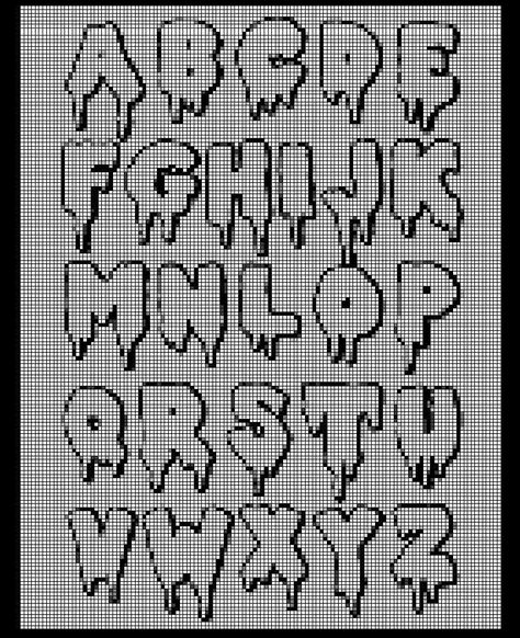 Drippy dripping drip gooey ooze oozey oozing type font alphabet pixel grid grids cross stitch embroidery letters Alphabet Grid Letters, Cross Stitch Patterns Letters, Graffiti Cross Stitch, Pixel Grid Letters, Pixel Font Alphabet, Pixel Letters Alphabet Grid, Pixel Art Letters Fonts, Letters Pixel Art, Drippy Letters Alphabet